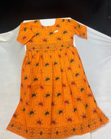 Orange Floral Printed Cotton Frock for Women – Casual Wear | Bhavana Handlooms