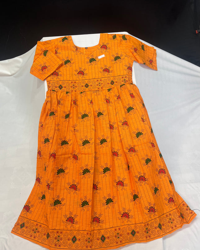 Orange Floral Printed Cotton Frock for Women – Casual Wear | Bhavana Handlooms