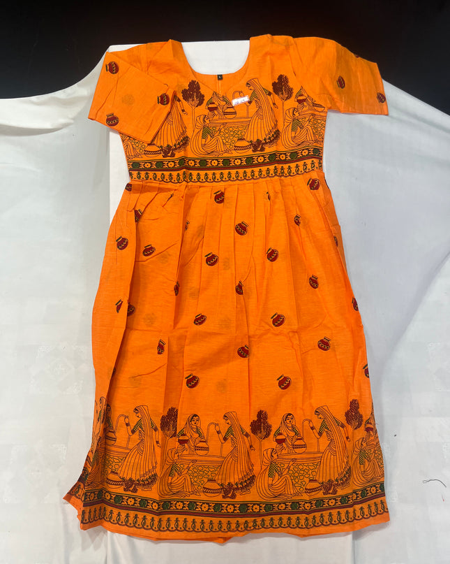 Gollabama Printed Cotton Frock for Women – Orange Ethnic Dress | Bhavana Handlooms
