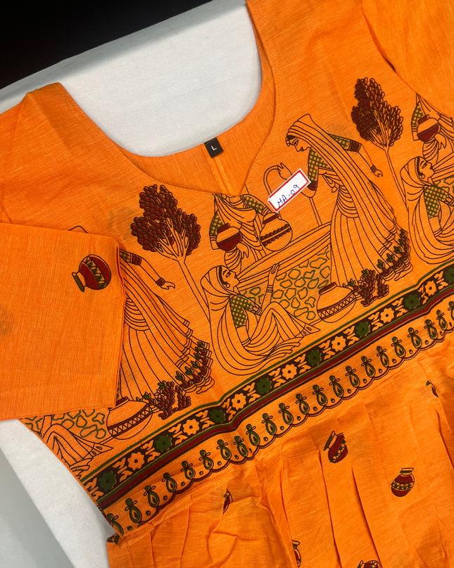 Gollabama Printed Cotton Frock for Women – Orange Ethnic Dress | Bhavana Handlooms