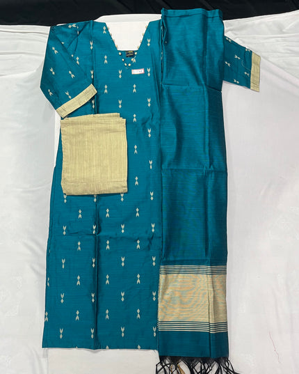 Raw Silk 3pc KurtiSet With Sea Blue Colour Full Length Lining | Sea Blue Dupatta