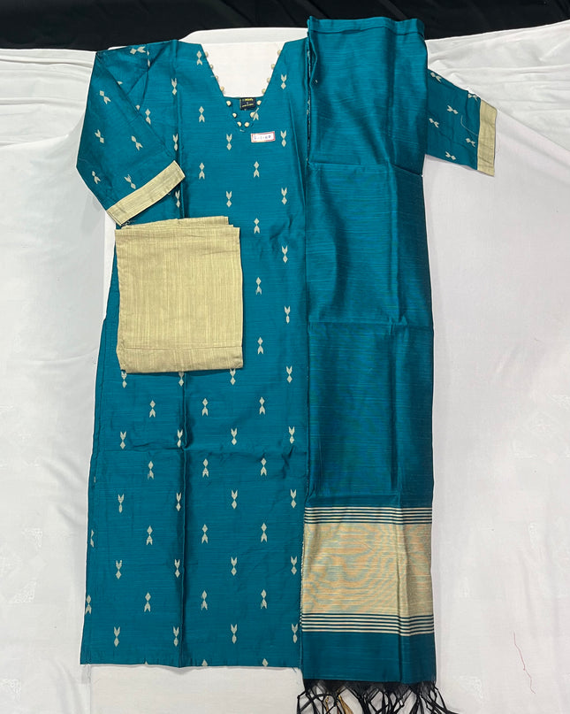 Raw Silk 3pc KurtiSet With Sea Blue Colour Full Length Lining | Sea Blue Dupatta