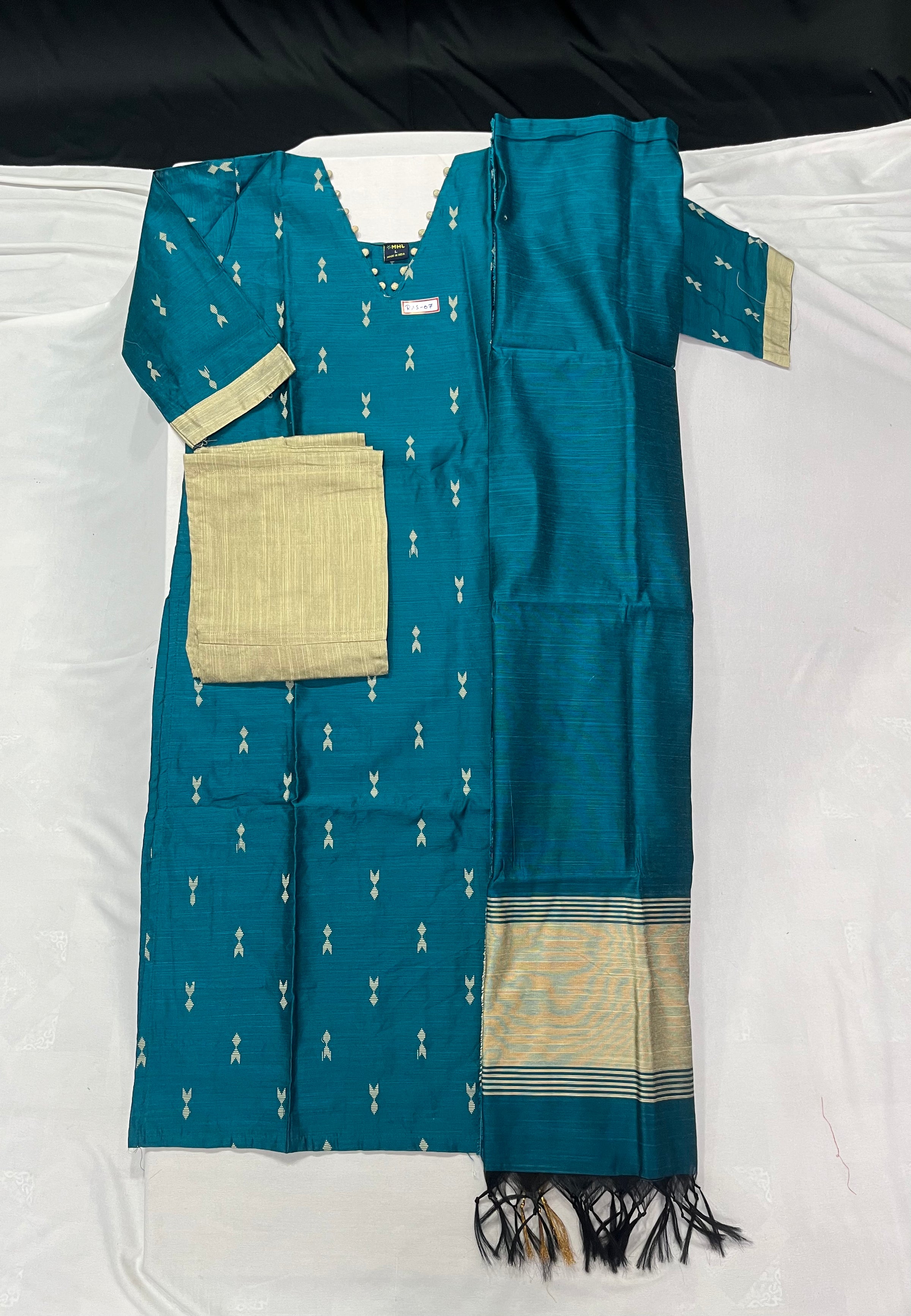 Raw Silk 3pc KurtiSet With Sea Blue Colour Full Length Lining | Sea Blue Dupatta