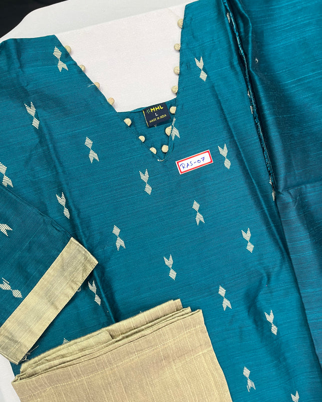 Raw Silk 3pc KurtiSet With Sea Blue Colour Full Length Lining | Sea Blue Dupatta