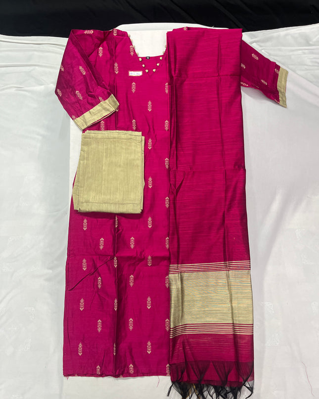 Raw Silk 3pc KurtiSet With Pink Colour Full Length Lining | Pink Dupatta