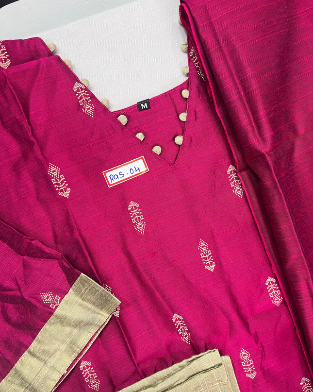 Raw Silk 3pc KurtiSet With Pink Colour Full Length Lining | Pink Dupatta