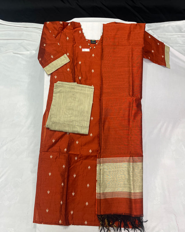 Raw Silk 3pc KurtiSet With Brick Colour Full Length Lining | Brick Colour Dupatta