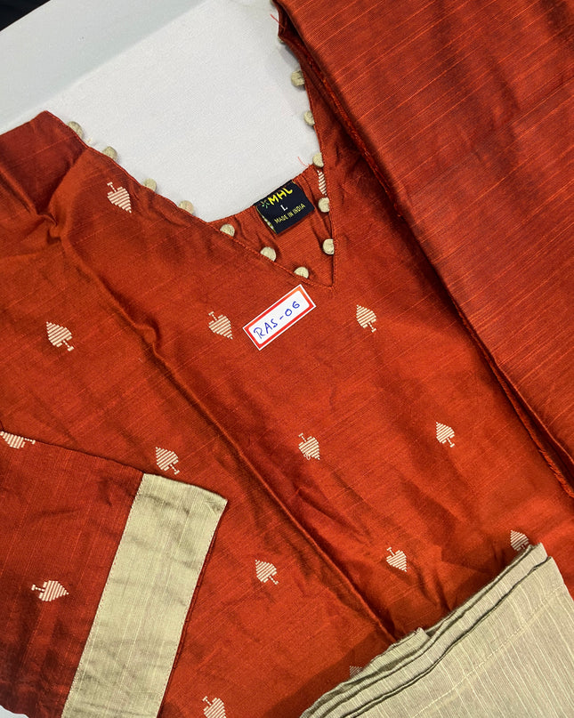 Raw Silk 3pc KurtiSet With Brick Colour Full Length Lining | Brick Colour Dupatta