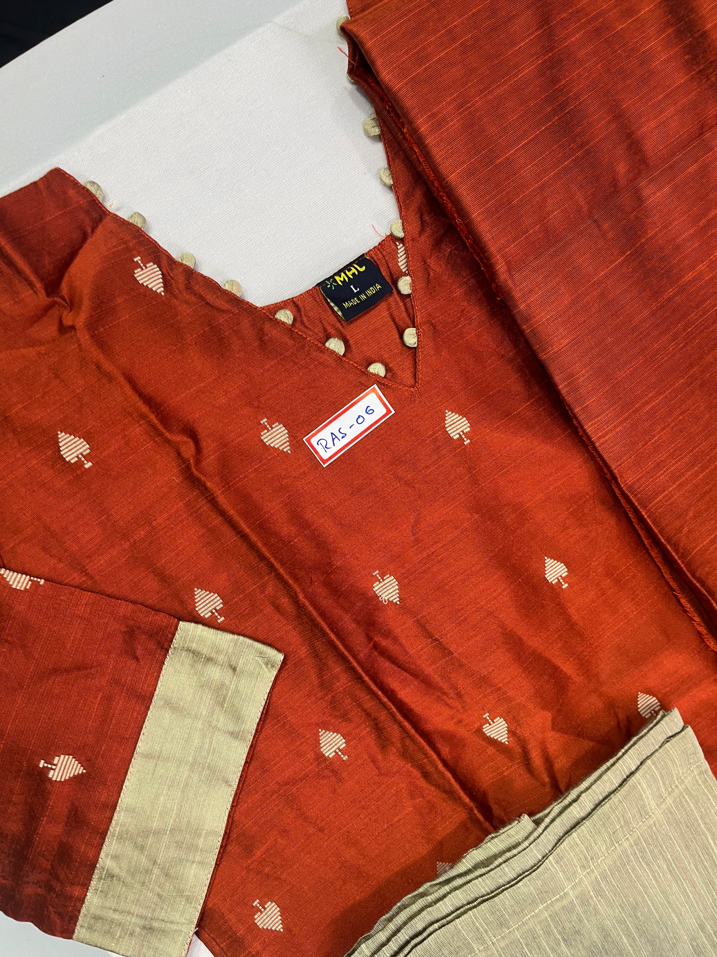 Raw Silk 3pc KurtiSet With Brick Colour Full Length Lining | Brick Colour Dupatta