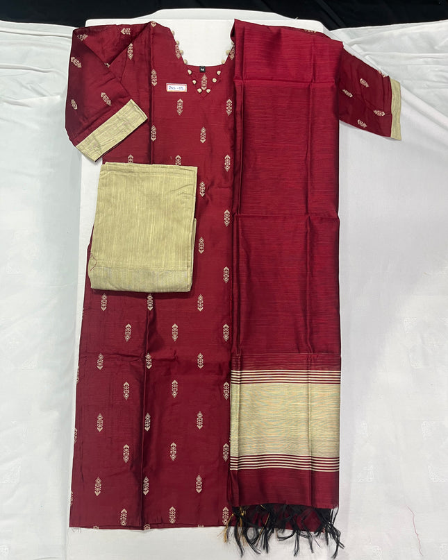 Raw Silk 3pc KurtiSet With Maroon Colour Full Length Lining | Maroon Dupatta