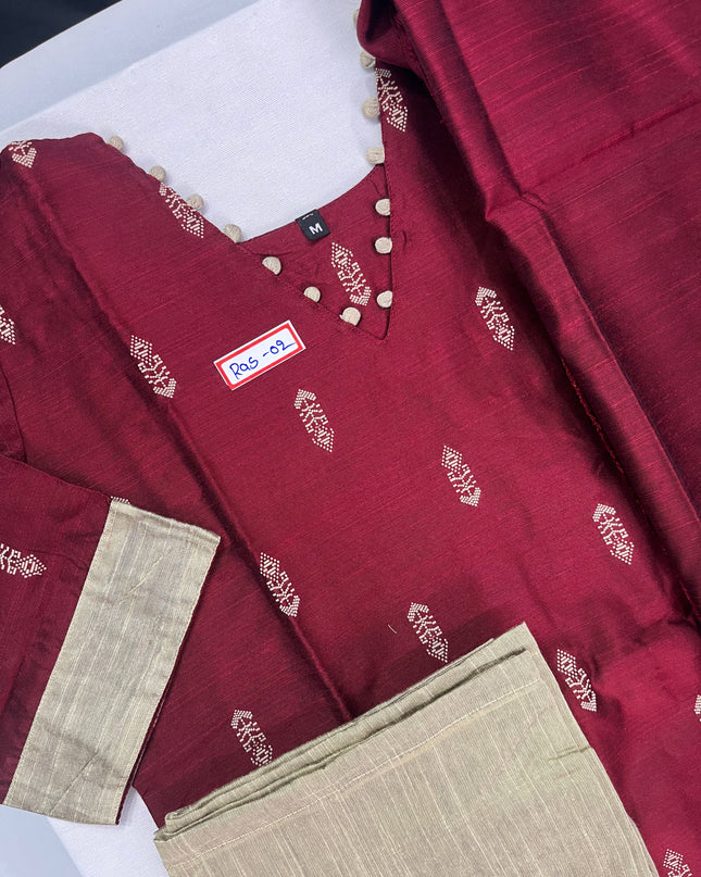 Raw Silk 3pc KurtiSet With Maroon Colour Full Length Lining | Maroon Dupatta