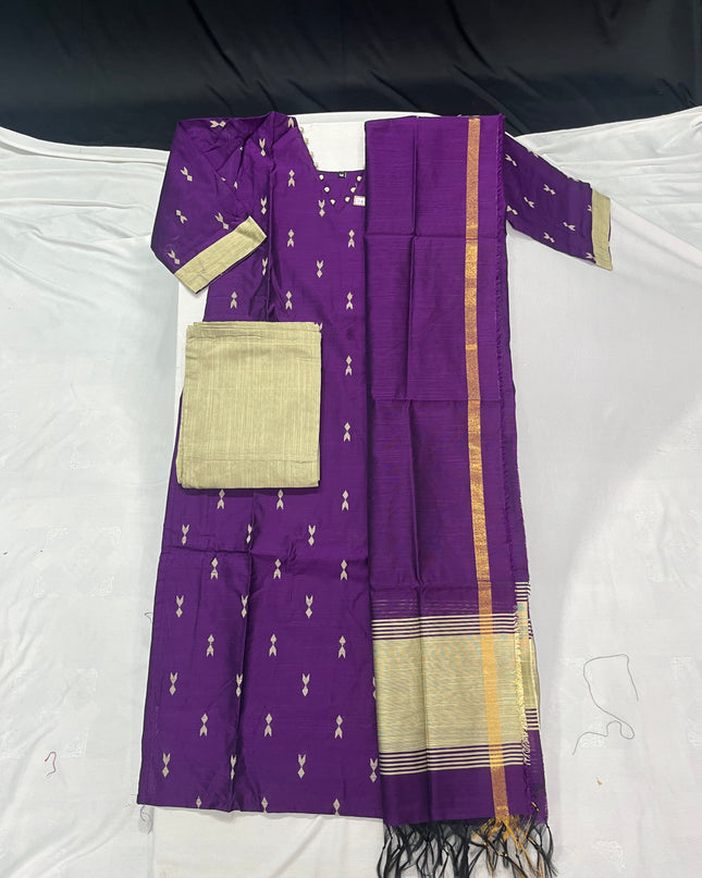 Raw Silk 3pc KurtiSet With Violet Colour Full Length Lining | Violet Dupatta