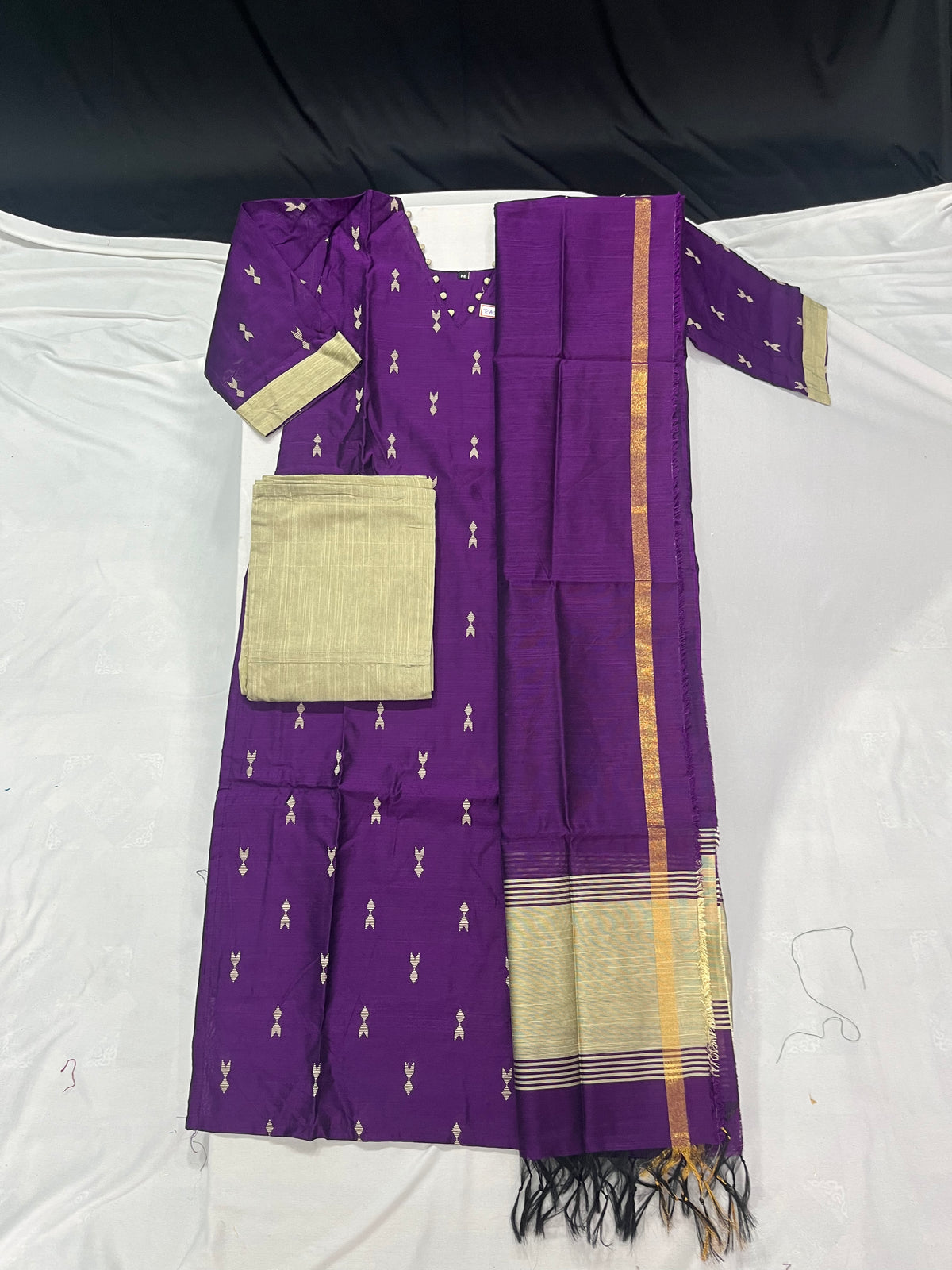 Raw Silk 3pc KurtiSet With Violet Colour Full Length Lining | Violet Dupatta