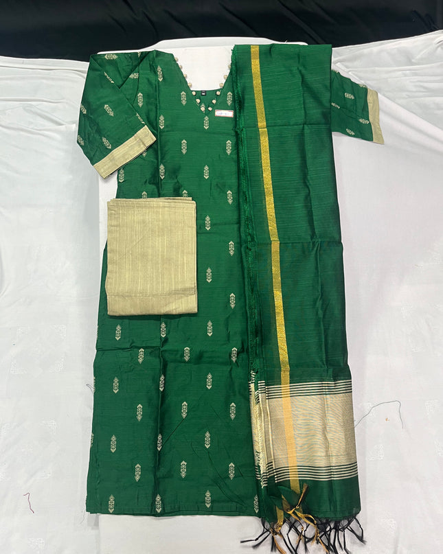 Raw Silk 3pc KurtiSet With Dark Green Colour Full Length Lining | Green Dupatta