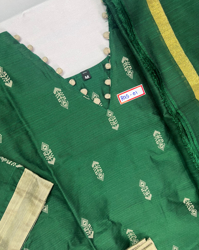 Raw Silk 3pc KurtiSet With Dark Green Colour Full Length Lining | Green Dupatta