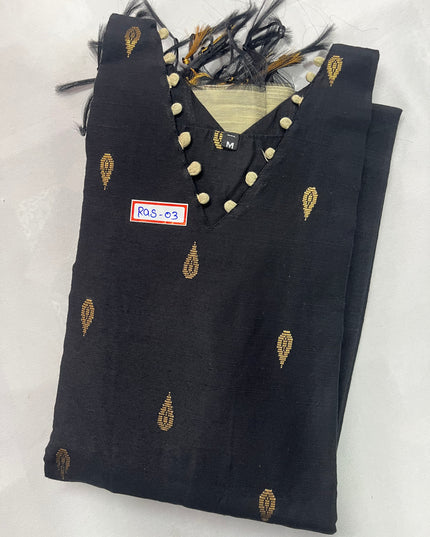 Raw Silk 3pc KurtiSet With Black Colour Full Length Lining | Black Dupatta