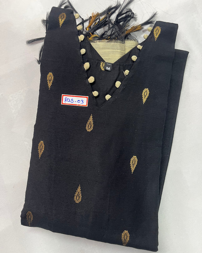 Raw Silk 3pc KurtiSet With Black Colour Full Length Lining | Black Dupatta