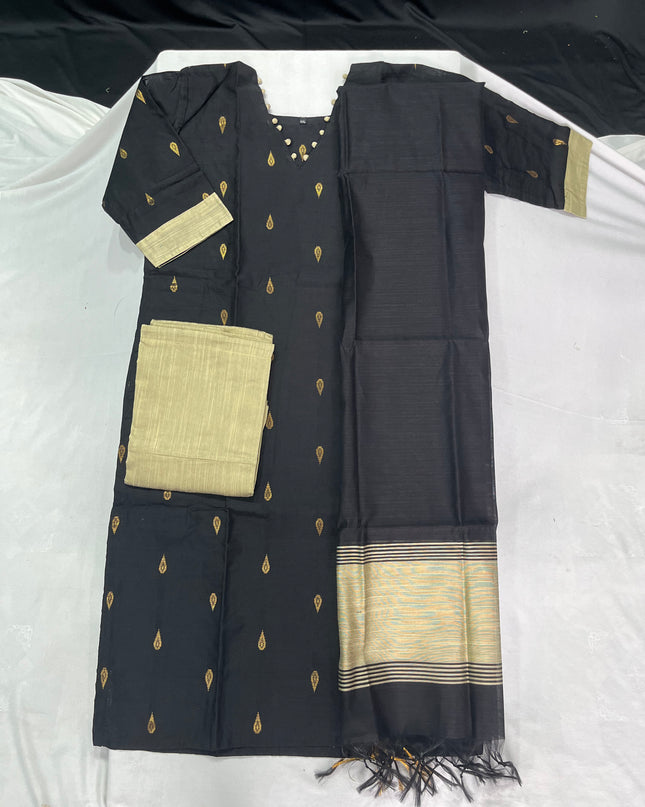 Raw Silk 3pc KurtiSet With Black Colour Full Length Lining | Black Dupatta