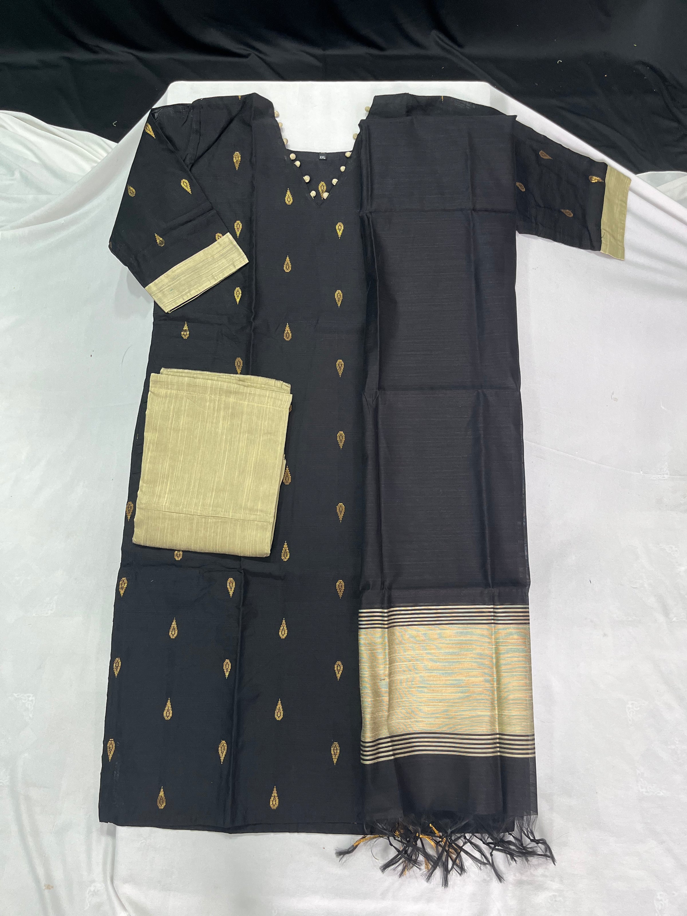 Raw Silk 3pc KurtiSet With Black Colour Full Length Lining | Black Dupatta