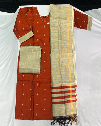 Raw Silk 3pc KurtiSet With Brick Colour Full Length Lining | Gold Dupatta