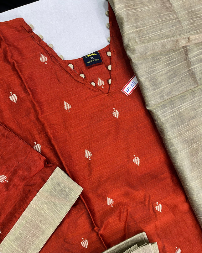 Raw Silk 3pc KurtiSet With Brick Colour Full Length Lining | Gold Dupatta