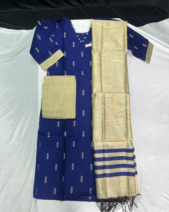 Raw Silk 3pc KurtiSet With Blue Colour Full Length Lining | Gold Dupatta