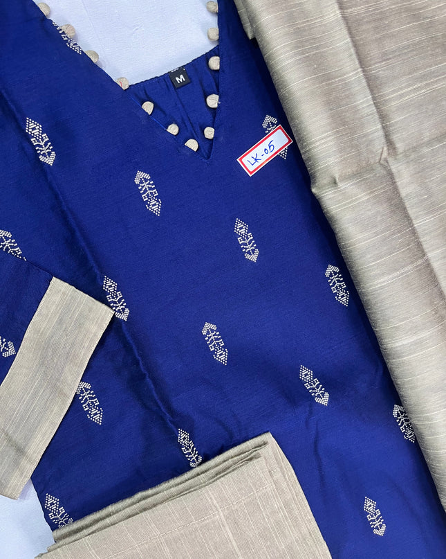 Raw Silk 3pc KurtiSet With Blue Colour Full Length Lining | Gold Dupatta