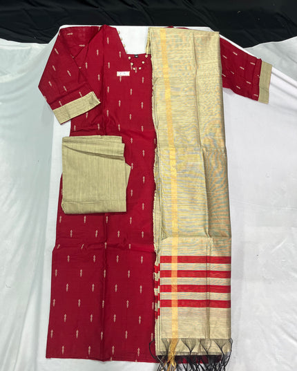 Raw Silk 3pc KurtiSet With Pink Colour Full Length Lining | Gold Dupatta