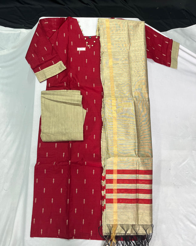 Raw Silk 3pc KurtiSet With Pink Colour Full Length Lining | Gold Dupatta