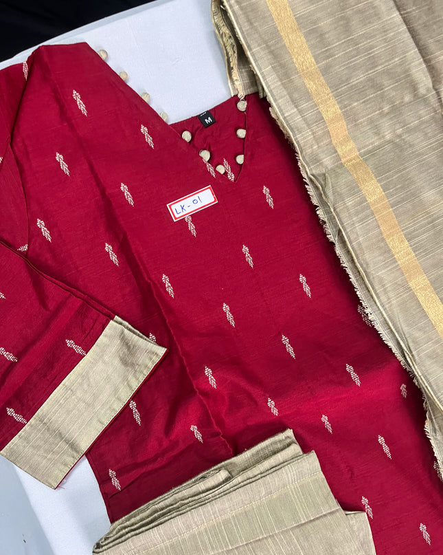 Raw Silk 3pc KurtiSet With Pink Colour Full Length Lining | Gold Dupatta