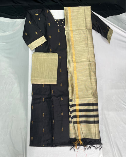 Raw Silk 3pc KurtiSet With Black Colour Full Length Lining | Gold Dupatta