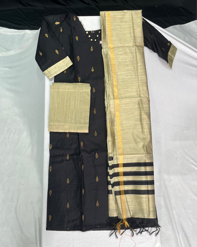 Raw Silk 3pc KurtiSet With Black Colour Full Length Lining | Gold Dupatta
