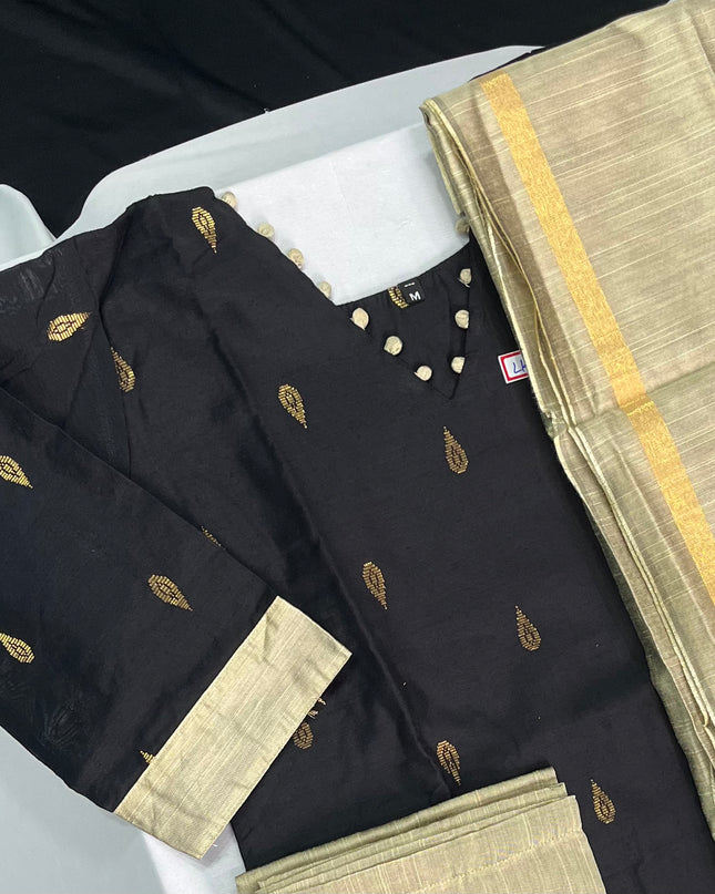 Raw Silk 3pc KurtiSet With Black Colour Full Length Lining | Gold Dupatta