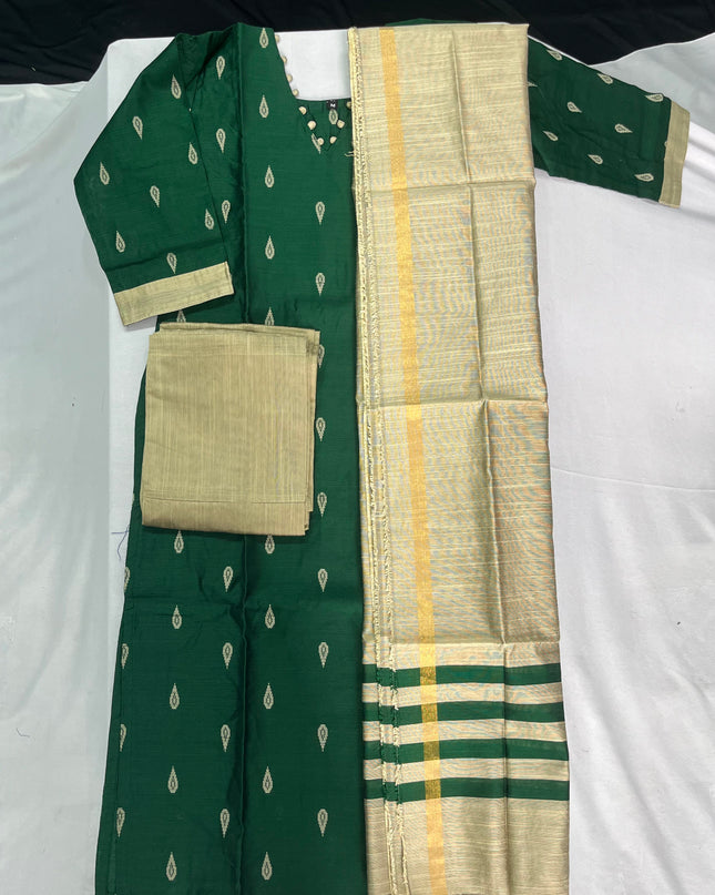 Raw Silk 3pc KurtiSet With Dark Green Colour Full Length Lining | Gold Dupatta