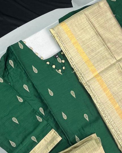 Raw Silk 3pc KurtiSet With Dark Green Colour Full Length Lining | Gold Dupatta