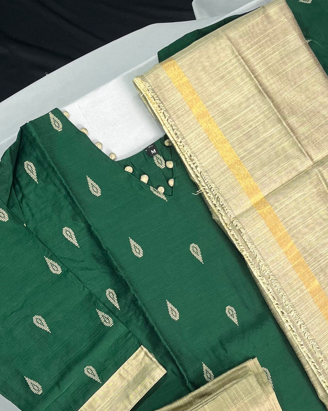 Raw Silk 3pc KurtiSet With Dark Green Colour Full Length Lining | Gold Dupatta