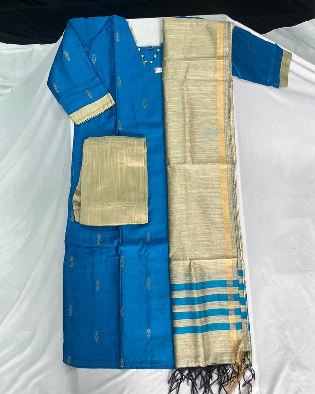 Raw Silk 3pc KurtiSet With Sky Blue Colour Full Length Lining | Gold Dupatta