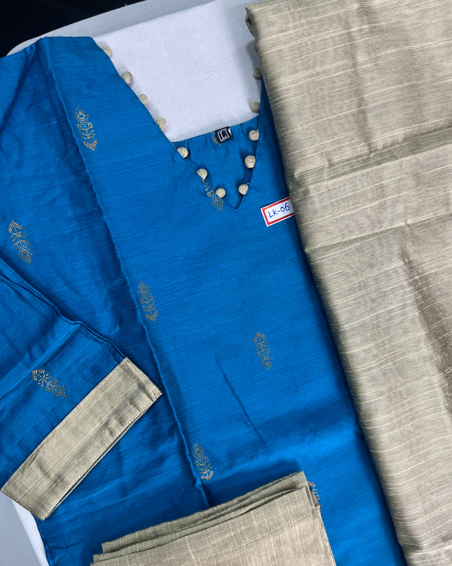 Raw Silk 3pc KurtiSet With Sky Blue Colour Full Length Lining | Gold Dupatta