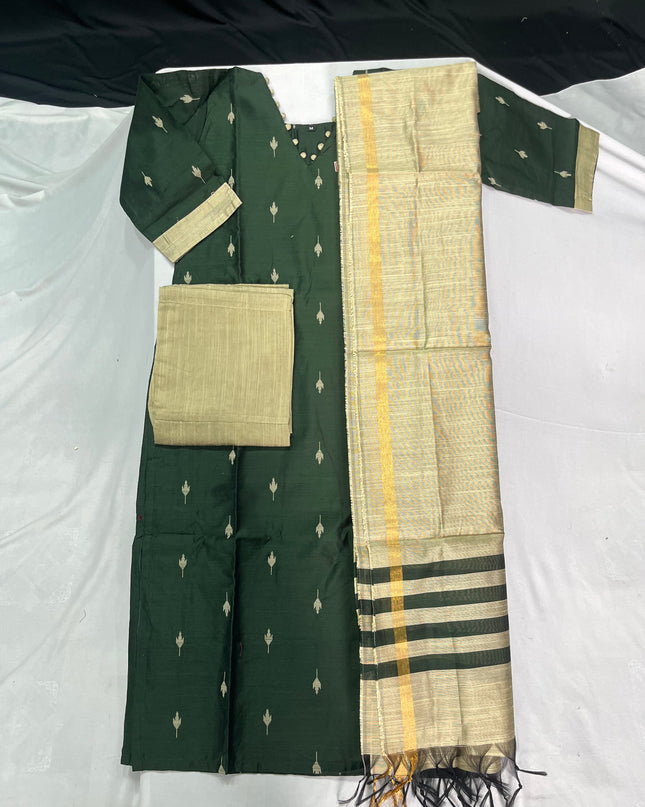 Raw Silk 3pc KurtiSet With Olive Green Colour Full Length Lining | Gold Dupatta