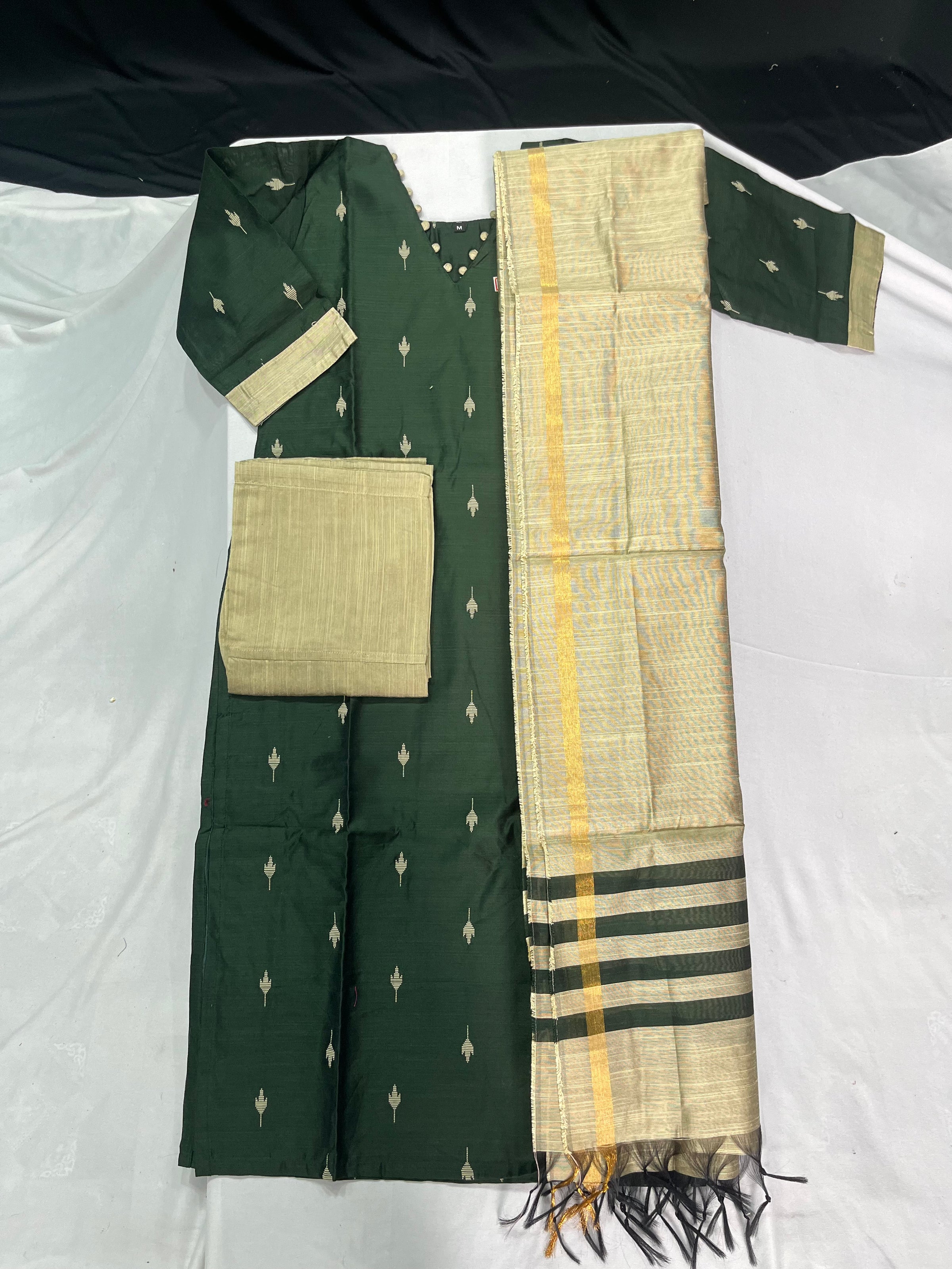 Raw Silk 3pc KurtiSet With Olive Green Colour Full Length Lining | Gold Dupatta