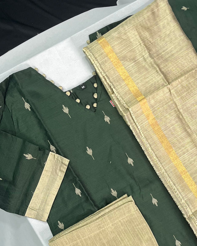 Raw Silk 3pc KurtiSet With Olive Green Colour Full Length Lining | Gold Dupatta