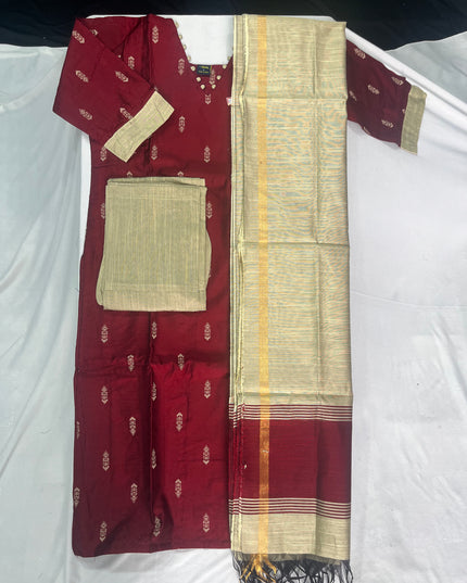 Raw Silk 3pc KurtiSet With Maroon Colour Full Length Lining | Gold Dupatta