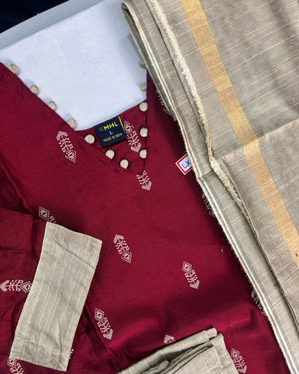 Raw Silk 3pc KurtiSet With Maroon Colour Full Length Lining | Gold Dupatta