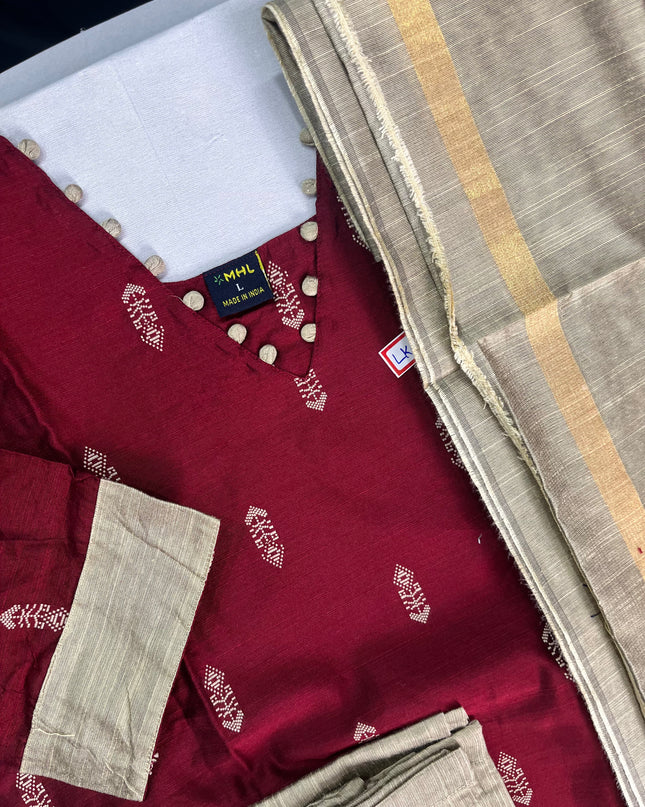 Raw Silk 3pc KurtiSet With Maroon Colour Full Length Lining | Gold Dupatta