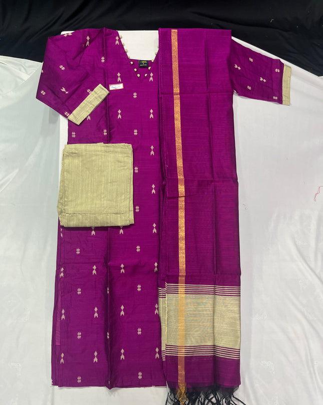 Raw Silk 3pc KurtiSet With Purple  Colour Full Length Lining | Purple Dupatta