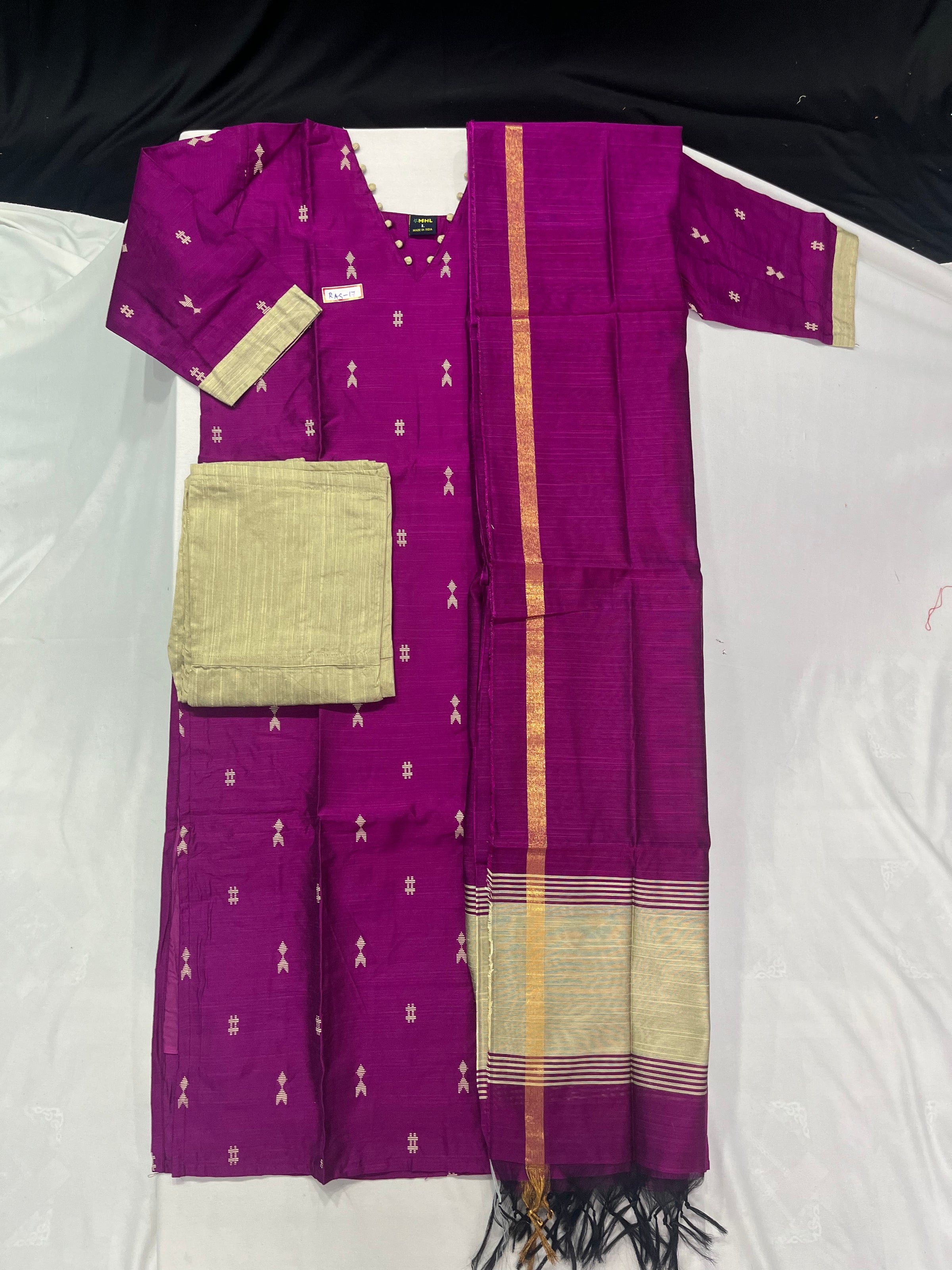 Raw Silk 3pc KurtiSet With Purple  Colour Full Length Lining | Purple Dupatta