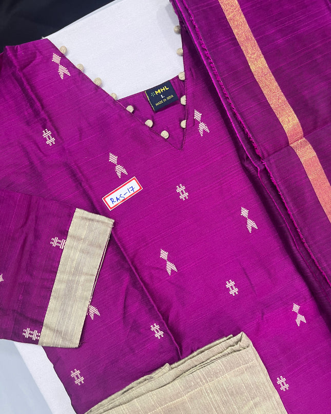 Raw Silk 3pc KurtiSet With Purple  Colour Full Length Lining | Purple Dupatta