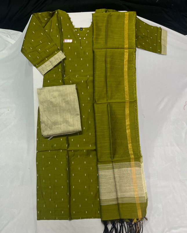 Raw Silk 3pc KurtiSet With Olive Green Colour Full Length Lining | Olive Green Dupatta