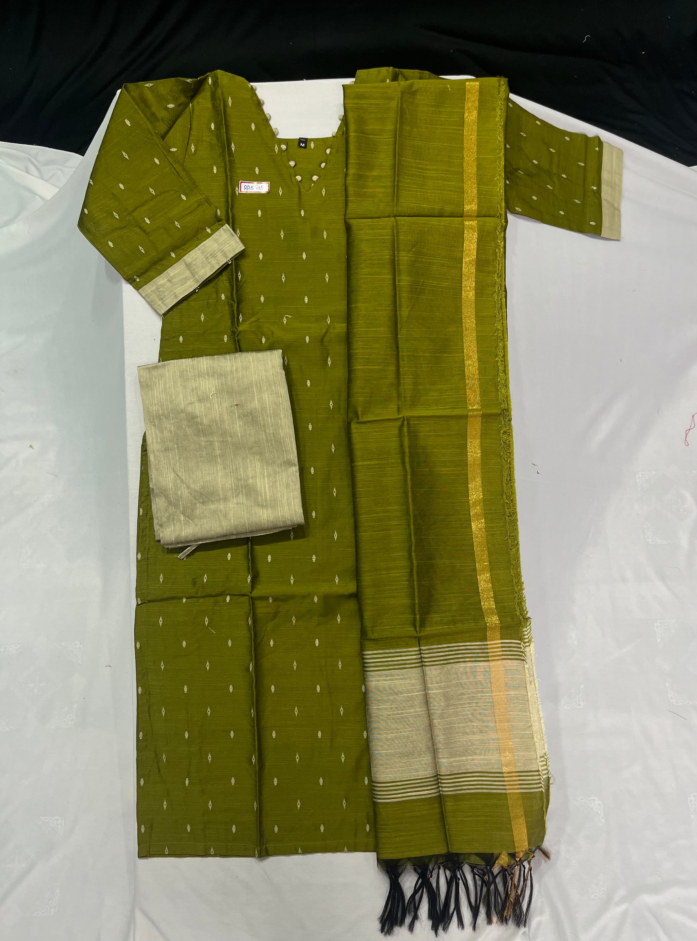 Raw Silk 3pc KurtiSet With Olive Green Colour Full Length Lining | Olive Green Dupatta