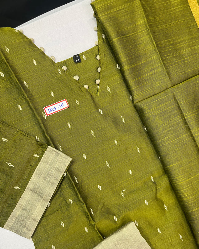 Raw Silk 3pc KurtiSet With Olive Green Colour Full Length Lining | Olive Green Dupatta